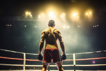 Fototapeta na wymiar Back view of professional boxer. Ring match with spot lighting. Generative AI