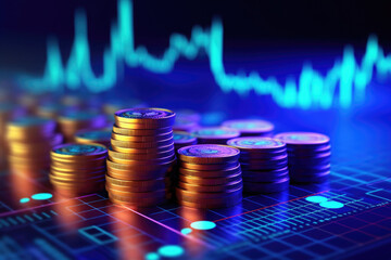 Coins background with a finance graph. Showcasing growth and success in the market. Generative AI