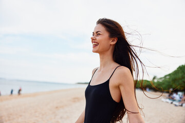 woman young sand summer ocean sea relax beach vacation nature smile