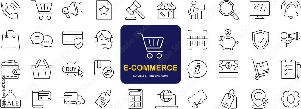 Poster E-Commerce set of web icons in line style. Online shopping icons for web and mobile app. Business, mobile shop, digital marketing, bank card, gifts, sale, delivery. Vector illustration