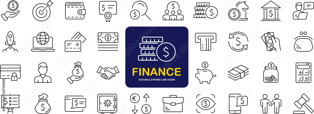 Poster Finance set of web icons in line style. Money and Payment icons for web and mobile app. Money, payments, financial report, pay, banking, business, coin and more. Vector illustration