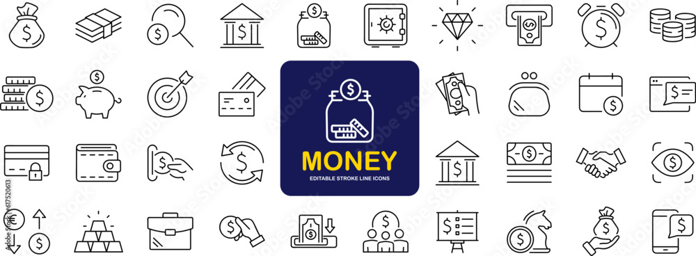 Poster money and finance set of web icons in line style. payment and money icons for web and mobile app. mo