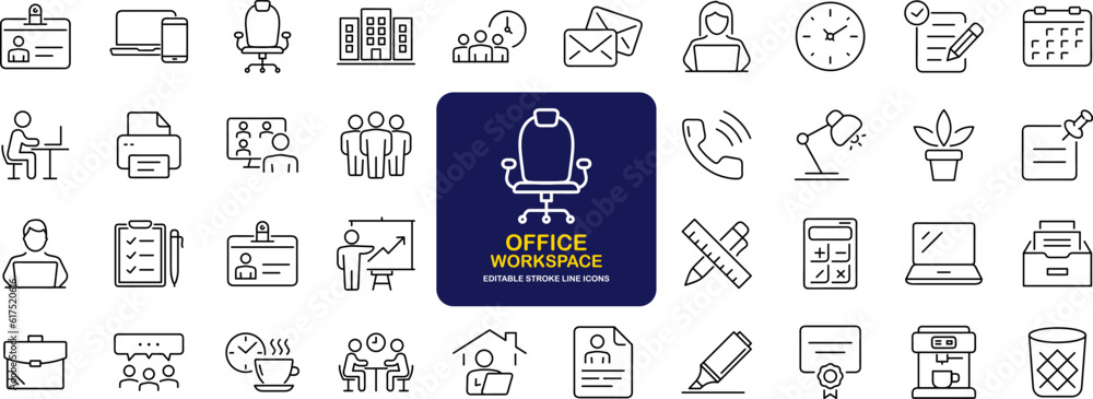 Aufkleber office workspace set of web icons in line style. office and coworking icons for web and mobile app. 