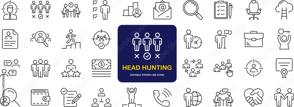 Poster headhunting set of web icons in line style. recruitment icons for web and mobile app. career, resume