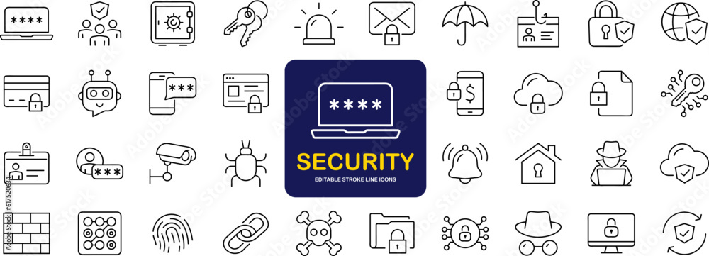 Poster Security set of web icons in line style. Cyber Security and internet protection icons for web and mobile app. Password, security system, finger print, spy, electronic key and more. Vector illustration