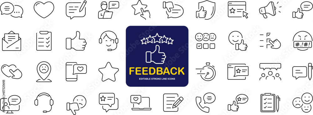 Poster feedback set of web icons in line style. feedback and review icons for web and mobile app. customer 