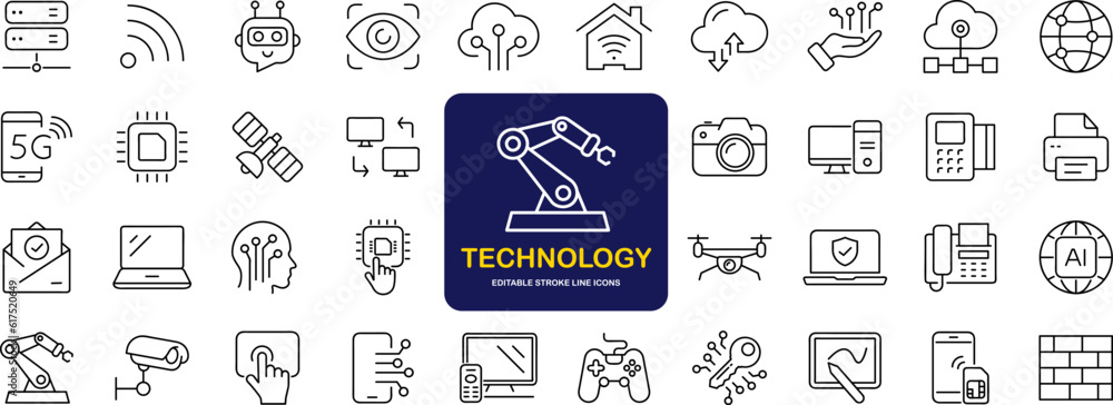 Fototapete Technology set of web icons in line style. Information technology signs for web and mobile app. IT network system, 5g, communication, computer, chip, web design, software, data center, device, ai.
