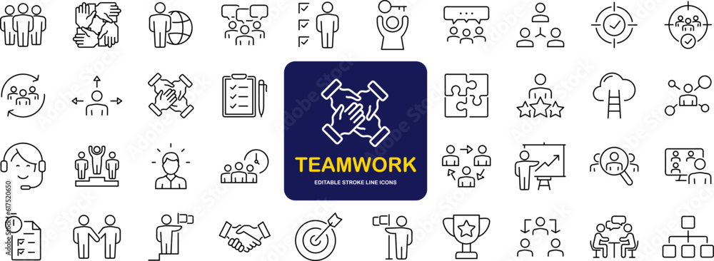 Poster Team work set of web icons in line style. Teamwork and business cooperation icons for web and mobile app. Partnership, synergy, interaction, management, collaboration, meeting, workplace and more.