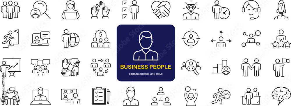 Poster Business People set of web icons in line style. Teamwork in business management icons for web and mobile app. Business meeting, handshake, agreement, human resources, office management, workplace team