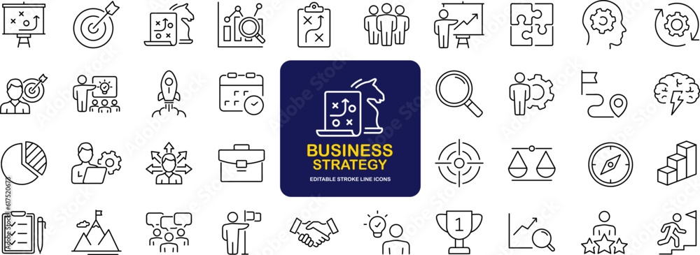 Poster Business strategy set of web icons in line style. Business solutions icons for web and mobile app. Action List, research, solution, team, marketing, startup, advertising, business process, management