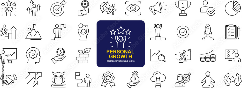 Aufkleber Personal growth and success set of web icons in line style. Growth andsuccess icons for web and mobile app. Growth profit, career progress, business people, strategy, coaching, tutorship, success