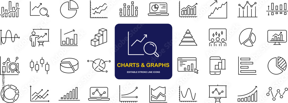 Leinwandbilder Graphs and Graphs set of web icons in line style. Charts and diagram icons for web and mobile app. Business infographic, charts, statistics, growth, growing bar graph and more. Vector illustration
