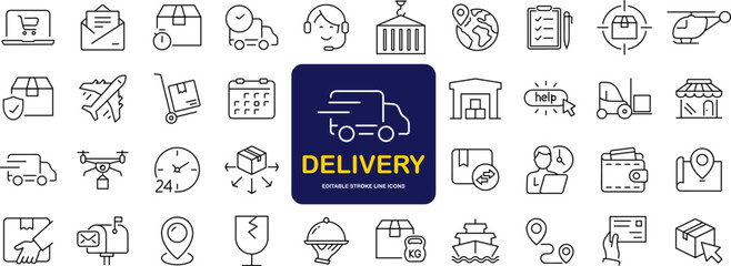Fototapeta na wymiar Delivery and logistics set of web icons in line style. Shipping and logistics icons for web and mobile app. Express delivery, courier, package protection, business, tracking, return, customer service
