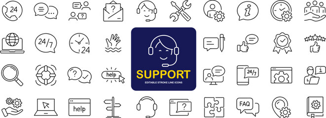 Customer Service and Support set of web icons in line style. Support and Help icons for web and mobile app. Online assistance, email, customer service, contact, help, helpdesk, feedback, 24 hrs - obrazy, fototapety, plakaty