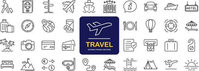 Travel and Tourism set of web icons in line style.Travel and vacation icons for web and mobile app. Airport, tickets, tour, relax, hotel, recreational rest, service. Vector illustration