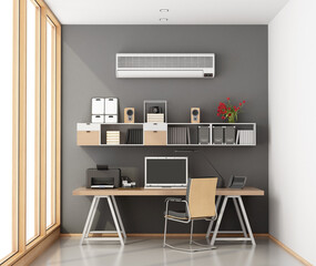 Home workplace with desk,bookcase and large window - 3d rendering