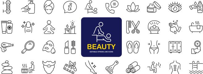 Fototapeta Beauty and Spa set of web icons in line style. Cosmetics services & Spa icons for web and mobile app. Spa treatments, skin care, massage, hyaluronic acid, serum, anti ageing, pore tighten, cosmetology obraz