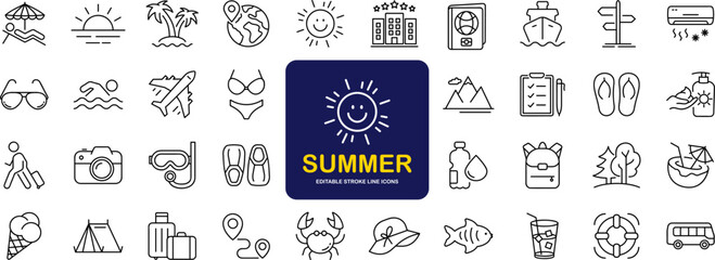 Summer set of web icons in line style. Summer vacation icons for web and mobile app. Travel, beach, tourism, summer holidays, hotel, relax, beach, luggage, passport, sunglasses. Vector illustration