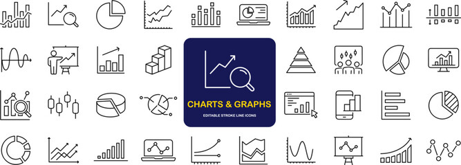 Graphs and Graphs set of web icons in line style. Charts and diagram icons for web and mobile app. Business infographic, charts, statistics, growth, growing bar graph and more. Vector illustration