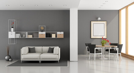 Modern living room room with sofa,dining table and bookcase- 3D Rendering