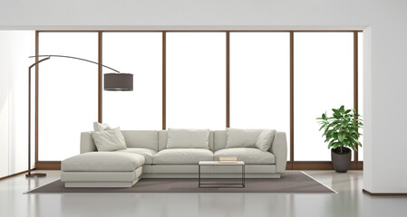 Minimalist living room with white sofa and large window on background - 3d rendering
