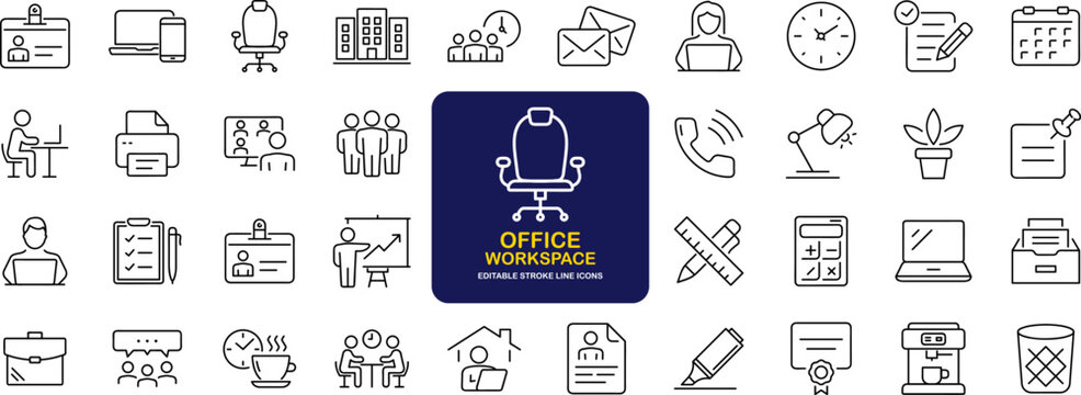 Office Workspace Set Of Web Icons In Line Style. Office And Coworking Icons For Web And Mobile App. Office, Remote Working, Meeting, Co-worker, Workspace, Desk, Computer, Business Icons And More