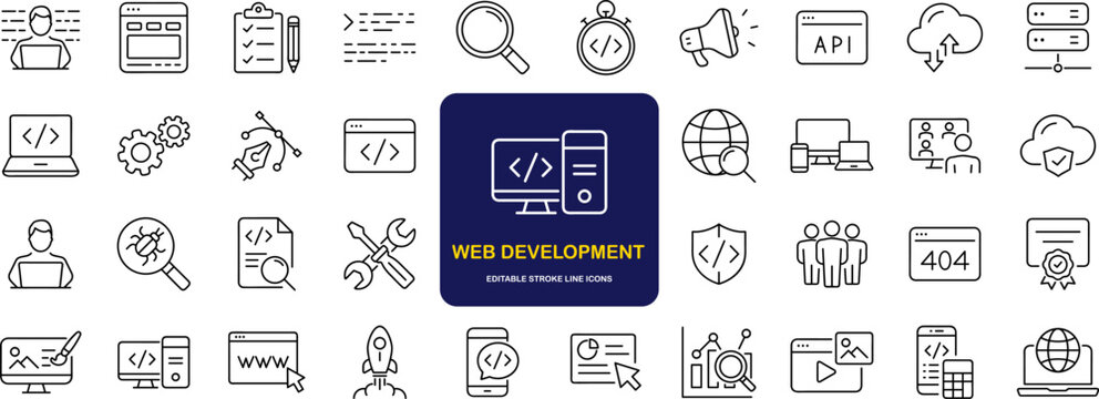 Web development set of web icons in line style. Developer icons for web and mobile app. Code, api, programmer coding, app, flow, node connect, web coder, bug fix and more. Vector illustration