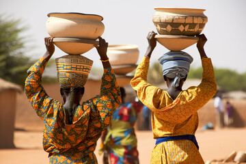 African women carry things on their heads. Generative AI - obrazy, fototapety, plakaty
