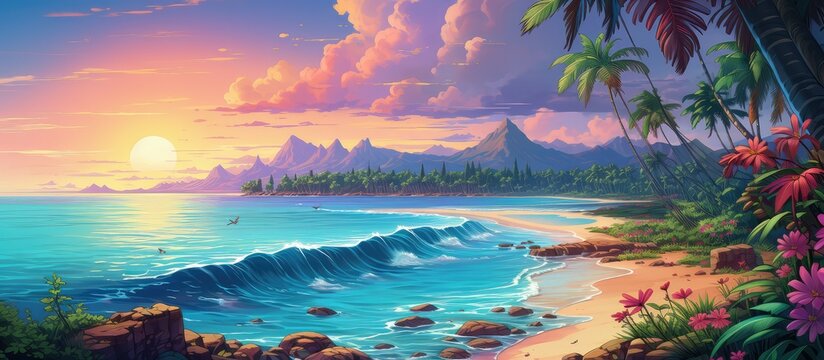 Colorful painting of tropical beach with flowers and palm trees in anime style