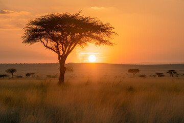 Fototapeta na wymiar savannah at sunset. Generative AI