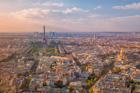 Aerial image of Paris, France during golden sunset hour.