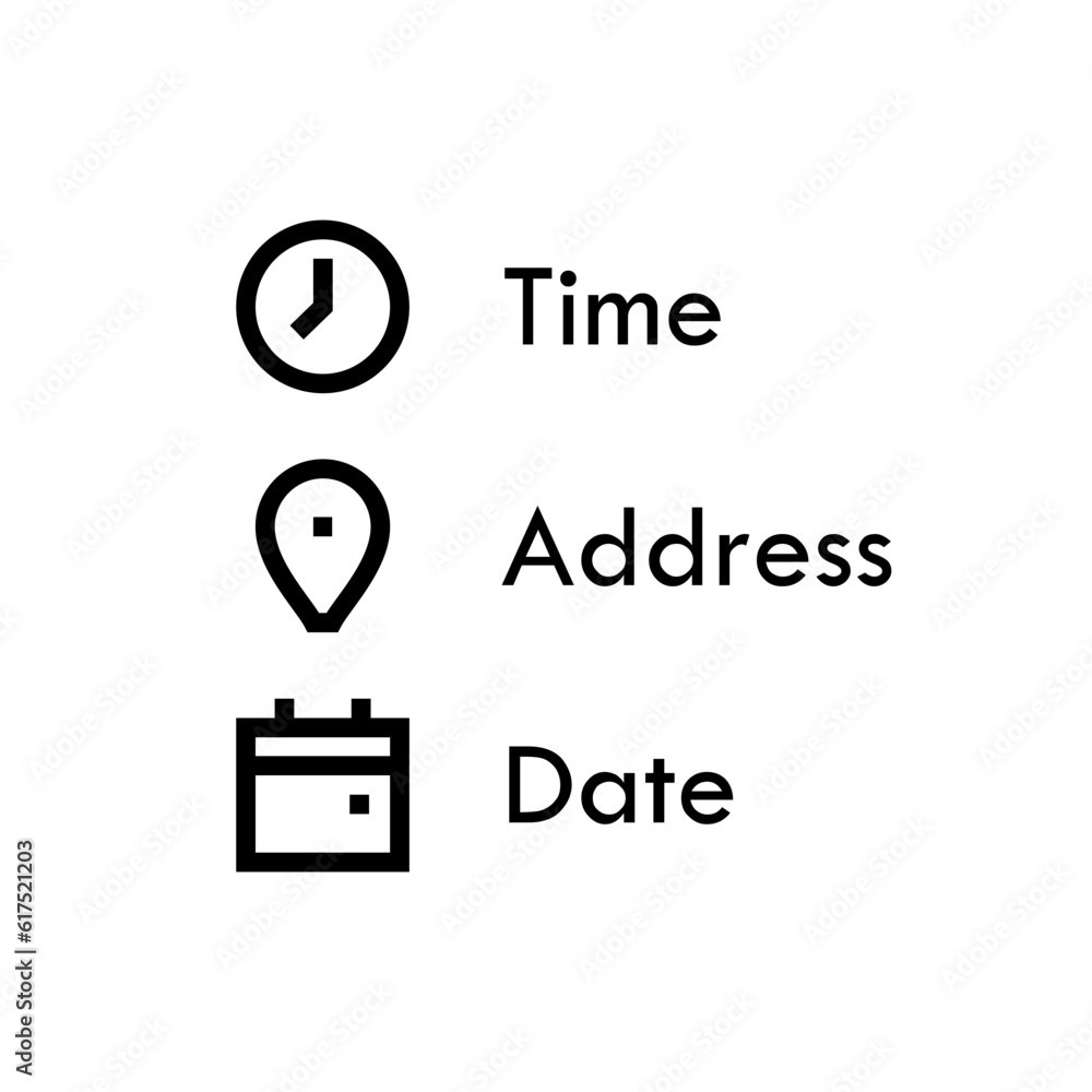 Poster time, address and date vector line icons. clock, calendar and place location outline icon set.