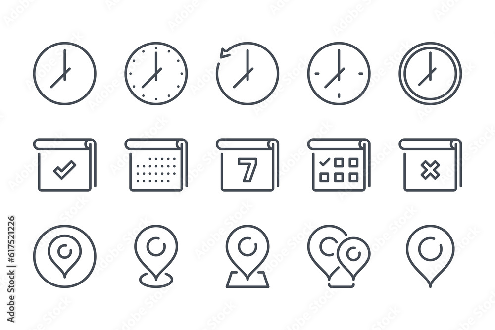 Poster time, date and place line icon set. clock, calendar and location pin linear icons. watch, planner an