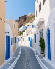 Obraz premium street view of town in Santorini island in Greece -- Greek architecture - Generative AI