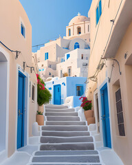 street view of town in Santorini island in Greece -- Greek architecture  - Generative AI