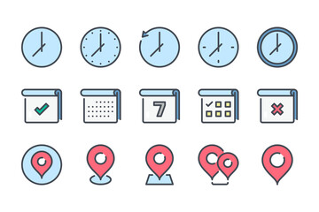 Time, Date and Place color line icon set. Clock, Calendar and Location pin linear icons. Watch, Planner and Marker pointer colorful outline vector sign collection.