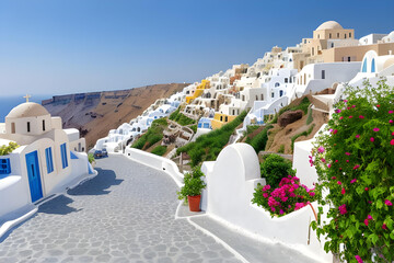 Fototapeta premium street view of town in Santorini island in Greece -- Greek architecture - Generative AI