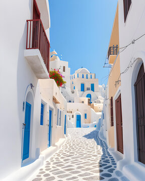 Fototapeta street view of town in Santorini island in Greece -- Greek architecture  - Generative AI