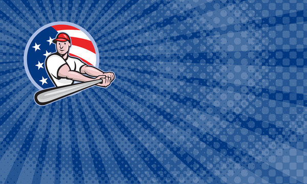 Business card showing Cartoon illustration of a baseball player with bat batting facing front set inside circle with stars and stripes flag in the background.