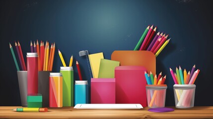 Fototapeta premium Back to school, student colored backpack with textbooks, kickball and ballpoint pens. AI generated.