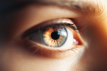 Naklejka premium close up of a female eye, Digital Intrigue: A Captivating Close-Up Photograph of a White Hacking Symbol in Front of a Human Eye, Illuminating the Intersection of Technology and Identity
