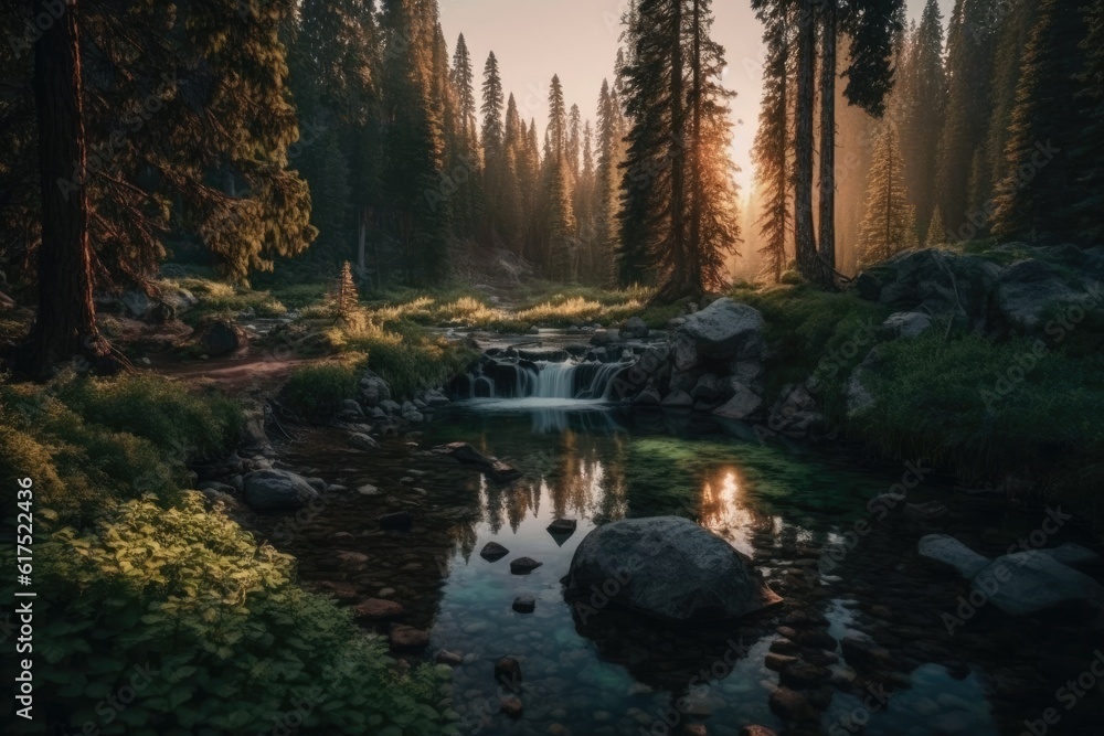 Sticker serene forest stream surrounded by lush trees. Generative AI