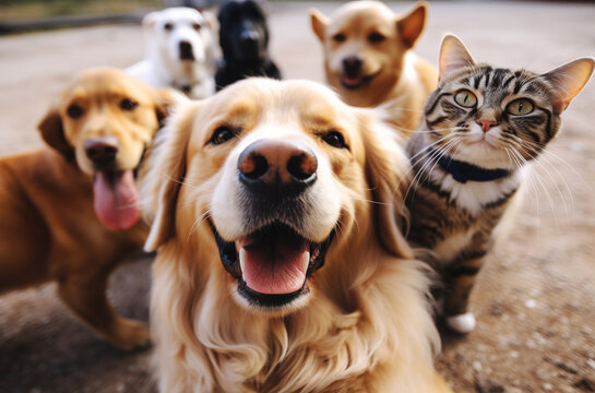 Dog taking a selfie photo with a group of cats and dogs in the background. Generative AI.