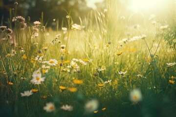 meadow with flowers, Enchanting Realms: A Captivating Photograph of a Green Grassy Field with Small Flowers, Radiating Serene Visuals in Light Yellow and Light Amber