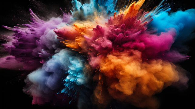 Mixed digital illustration and matte painting of a colored powder explosion in an abstract close-up on a black background.