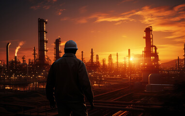 a worker standing with his back visible, facing the industrial factory at dusk