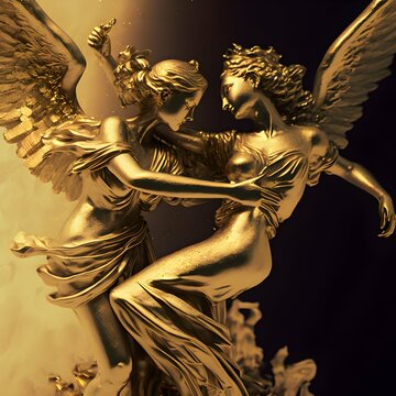 two angels made of gold playing the trompet deep focus superimposition colors super adobe detailed texture aesthetics neuro cognitive art photoshop octane render Pinterest art awardwinning 