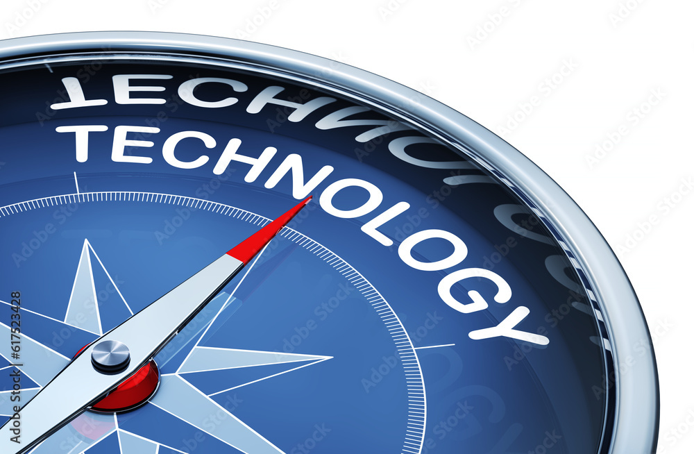 Poster 3d rendering of a compass with the word technology
