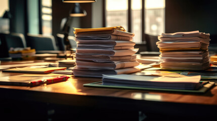 Office table with stacked papers - obrazy, fototapety, plakaty