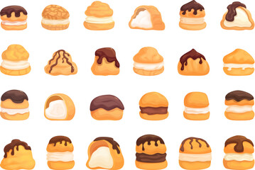 Profiterole icons set cartoon vector. Chocolate food. Cake bakery